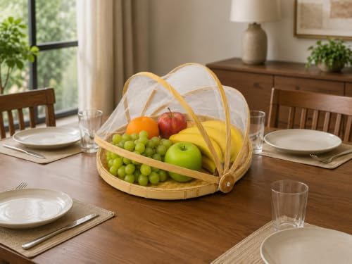 Image of Bamboo Storage & Serving Basket with Pop-Up Mesh Cover | Multipurpose Kitchen Organizer for Fruits, Vegetables & Bread | Dustproof Picnic Food Tray (1 Multipurpose Basket) premium Quality
