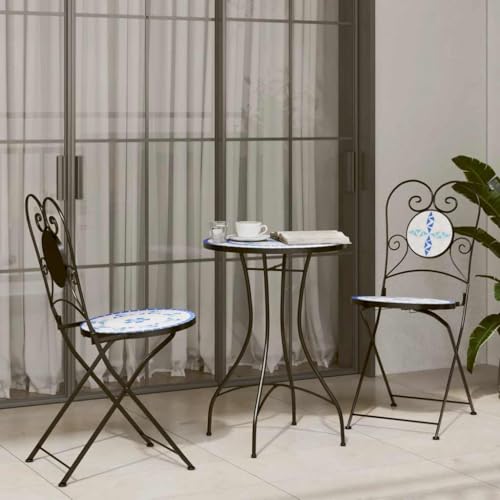 IBUQDDV Blue and White Mosaic Bistro Set with Powder-Coated Iron Frame and Ceramic Tabletop, Foldable Outdoor Dining Set for Two, Sturdy Patio Furniture with Mediterranean Design