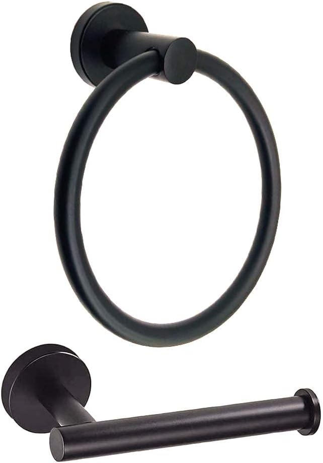 Stainless Steel Black Towel Ring and Toilet Paper Holder, 2 Pcs Bathroom Black Hand Towel Holder Wall Mounted and Towel Ring (Matte Black)