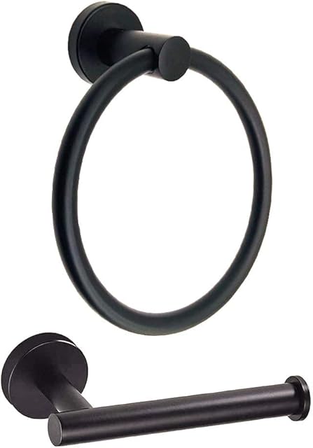 Stainless Steel Black Towel Ring and Toilet Paper Holder, 2 Pcs Bathroom Black Hand Towel Holder Wall Mounted and Towel Ring (Matte Black)