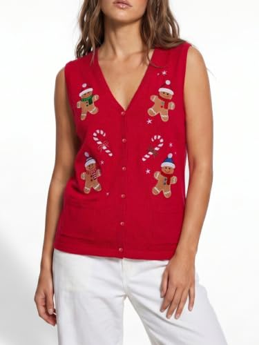Image of KMBANGI Women Christmas Button Sweater Vest Embroidery Sleeveless Cardigan