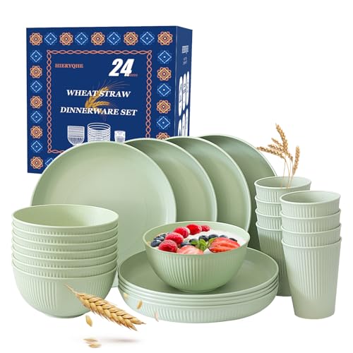 Image of 24pcs Wheat Straw Dinnerware Sets For 8, Unbreakable Plates and Bowls Wheat Straw Dinnerware Microwavable Cups Plates and Bowls Sets Shatterproof For Outdoor Kitchen Camping