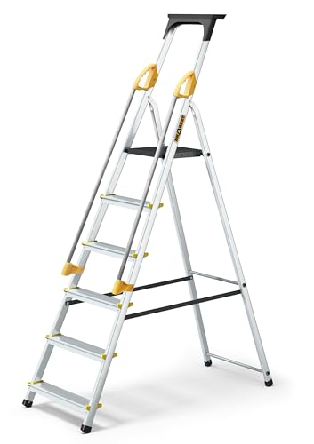 DRABEST Leiter PRO Serie Aluleiter 6 Stufen Klapptrittleiter mit Sicherheits Handläufen Haushaltsleiter bis 150 kg belastbar