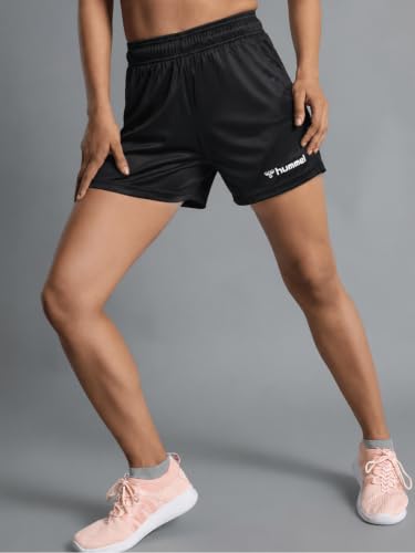 Image of hummel Evy Solid Regular fit Polyester Shorts for Women Comfortable Breathable Fabric Stretchable for Everyday Use Ideal for Yoga Training Gym Running or Performance