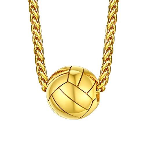 Bestyle Gold Volleyball Pendant Charm Ball Sprots Necklace for Men 18K Gold Plated Stainless Steel Ball Round Pendant Cool Chain Trendy Necklace for Dad Husband