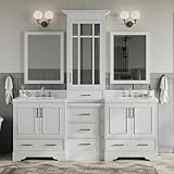 ARIEL 85' Bathroom Vanity Set in White, Pure White Quartz Countertop, Double Oval Sink, 5 Soft Closing Doors, 6 Full Extension Dovetail Drawers, Mirror Cabinet