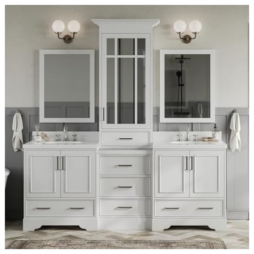 ARIEL Double Sink Bathroom Vanity Set in White | Pure White Quartz Counter-top | 5 Soft Closing Doors | 6 Full Extension Dovetail Drawers | 85" x 22" x 89" Inches