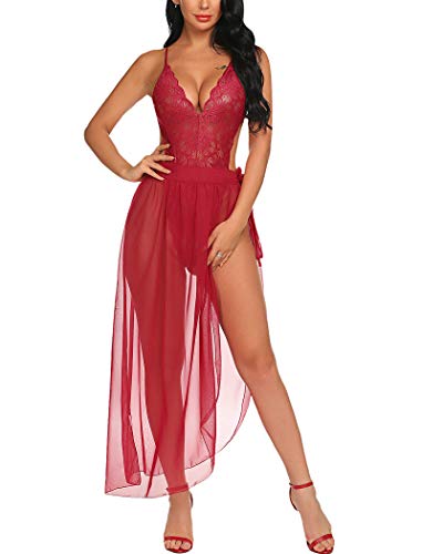 Avidlove Women One Piece Lingerie Deep V Lace Bodysuit Mosaic Lace Teddy Mesh Skirt (Dark Red1, X-Large)