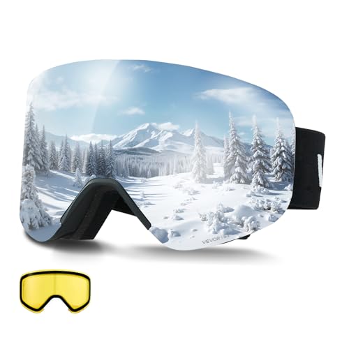 VEVOR Frameless Ski Goggles, Magnet Cylindrical Lens with Silver Mirror Revo Coating, OTG Anti fog...