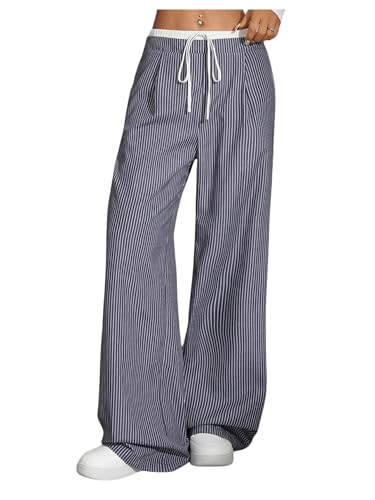 SweatyRocks Women's Striped Print Wide Leg Pants Low Waist Tie Front Loose Long Trousers