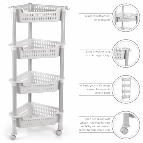 Image of Nayasa Corner Trolley 4 Layers | Kitchen Organizer | Vegetable Stand for Kitchen | Kitchen Shelf Organizer | Vegetable Basket | Vegetable Trolley with Wheels | 39.5 X 28 X 89 cm | Grey