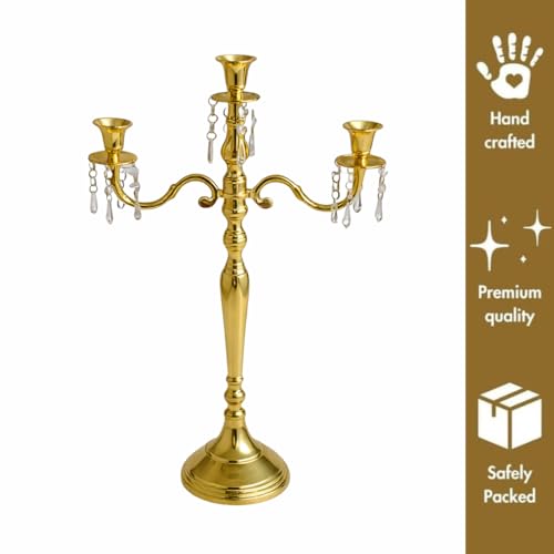 Image of Premium 24 Inch Golden Aluminum 3-Arm Candle Stand with Crystal Hangings | Luxury Centerpiece for Home Decor, Weddings, Festive Decoration & Dining Table