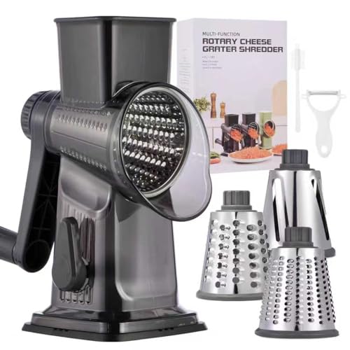 Image of Rotary Cheese Grater with Handle Kitchen Shredder Slicer Grater Slicer Ice Shaver Cheese Vegetable Nuts Potato Zucchini Chocolate 3 Interchangeable Blades (Dark Grey TSP)