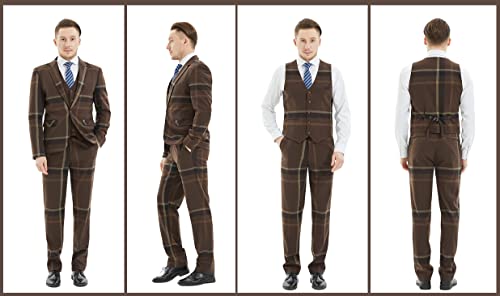MAGE MALE Men’s Plaid Suit Slim Fit 3-Piece Leisure Suit One Button Blazer Dress Business Wedding Party Jacket Vest & Pants Coffee - Thumbnail 4