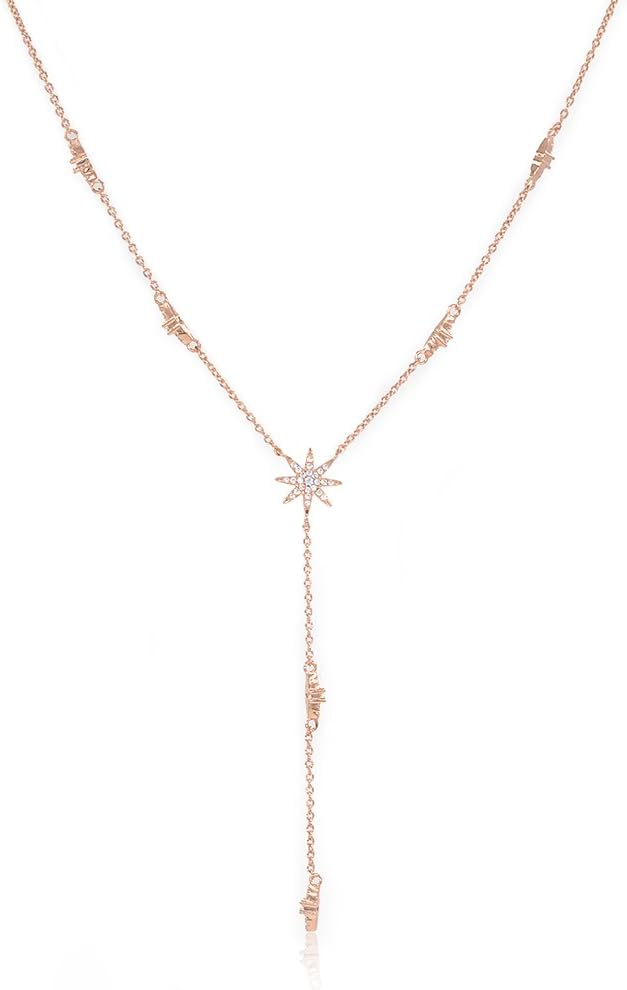 espere Star Drop Y Shaped Lariat Necklace Plated with 14K Rose Gold/White Gold