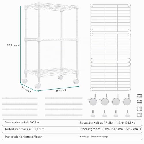 M MZG 3-stufiges Metallregal, Regal bis 340.5 kg, platzsparendes Aufbewahrungsregal für Küche, Bad, Büro, Vorratsraum und Abstellraum… – Ansicht 6