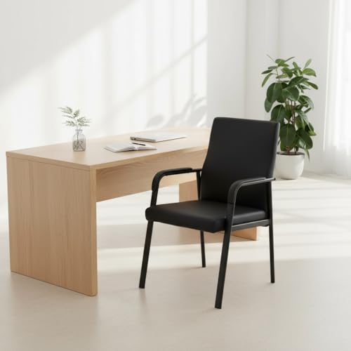 Image of Leather Office Guest Chair, Guest Conference Room Chair, 600 LBS Capacity High Back Reception Chair with Padded Armrests, No Wheels, Black - 1 Pack