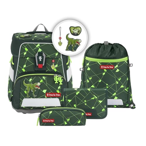 Step by Step Tornister szkolny Space Shine, 5-częściowy, ergonomiczny tornister z odblaskami, regulacja wysokości z paskiem biodrowym dla chłopców i dziewczynek od 1. klasy, 20 l, Dino Night Tyro, 28
