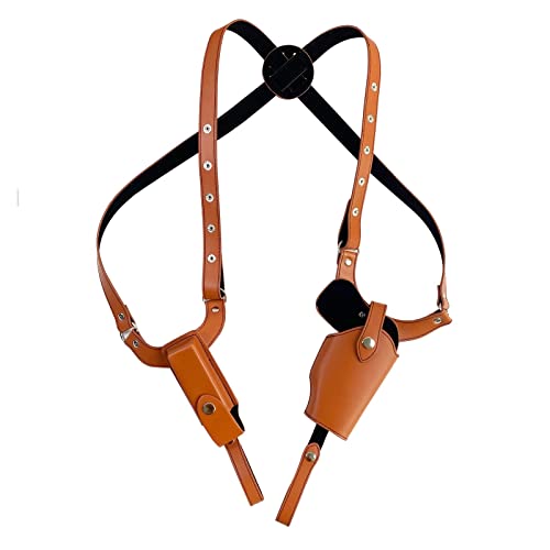 Shoulder Gun Holster, Vertical Shoulder Holster Leather Cross Harness Holster with Magazine Pouch Adjustable Concealed Carry Holster for Right Hand