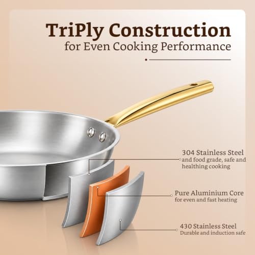 Image of Amazon Brand - Solimo Premium Triply Stainless Steel Frypan with Lid 24cm (1.7L) | Even Heating | Gas & Induction Compatible | SS 304 Food-Grade | Dishwasher Safe |Elegant Golden Handles |BIS Certified