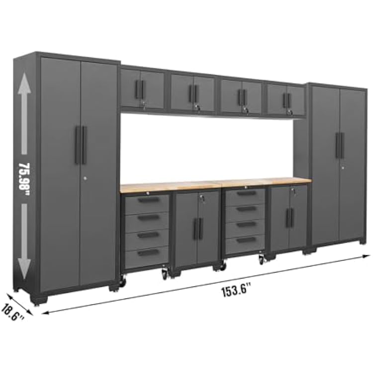 TCE Heavy Duty 12 Piece Garage Storage System: Metal Organization Workbench and 4-Drawers Rolling Cabinet, Black/Grey