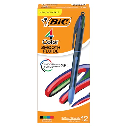 BIC 4 Color Smooth Retractable Ballpoint Pen with Gel-Like Ink and Easy Color Switching, 12-Count in Assorted Ink