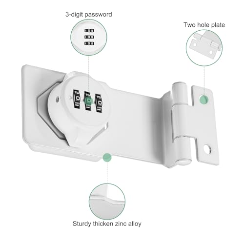 Image of M METERXITY Keyless Combination Lock, 3.5 inch Zinc Alloy Mechanical Password Twist Knob Hasp Locks Latch, 90 Degree Barn Door Lock for Cabinet /Closet /Garage /Drawers /Garden /Bathroom [White]