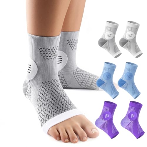 3 Pairs Neuropathy Socks for Women & Men, [Ultra Breathable] Plantar Fasciitis Socks for Achilles Tendonitis Relief, [20-30 mmHg Compression] Ankle Socks for Arch Support (Grey+Blue+Purple, Large)