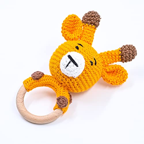 Image of Crochet Rattle Toy (0+ Years) | Shaker Toy | Explore Soothing Sounds & Textures | Smooth Organic Wooden Key | Soft Toy for Newborn, Infants and Toddlers (Spotty: Giraffe Wooden Rattle)