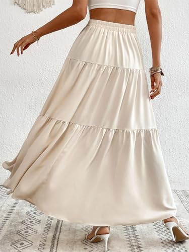 Women's Casual Elastic High Waist Button Tiered Ruffle Hem Long Maxi Skirt2