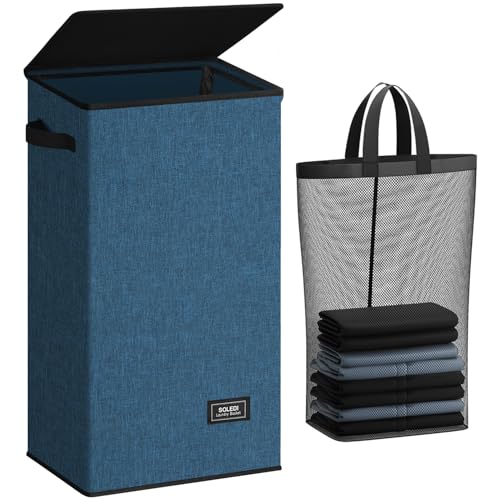 SOLEDI 100L Collapsible Laundry Hamper with Lid, Blue