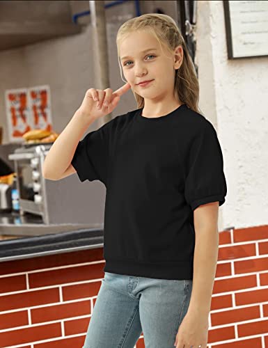 Image of Kids Girls Cute T-Shirt Short Puff Sleeve Basic Solid Casual Loose Pullover Ribbed Cuffs Hem Tees