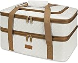 Vuudh Quilted Insulated Double Casserole Carrier - Thermal Lunch Tote for Potluck Parties, Picnic, Beach, Fits 9 x 18 Inches Baking Dish, Casserole Dish, Expandable (Beige)
