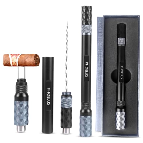Phoelux Cigar Punch Multitool 4-in-1 Cigar Draw Enhancer Tool, Twin Needle, Retractable and Screw Out Cigar Double End Punch-2 Size Blades Cigar Hole Opener with Gift Box (Black Grey)