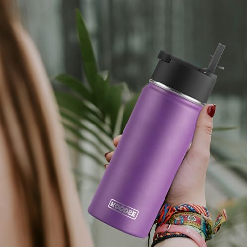 Image of koodee Water Bottle 16 oz Stainless Steel Double Wall Vacuum Insulated Water Bottle for Kids School -Wide Mouth Sports Metal Water Flask for Girls(Purple)