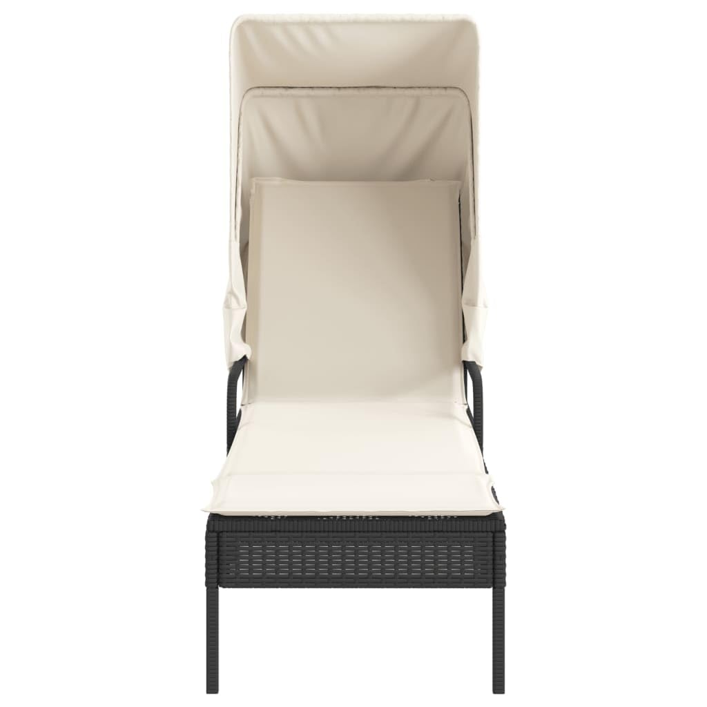 Lettino prendisole con tettuccio parasole estensibile, nero, in rattan sintetico, schienale regolabile in 4 posizioni, cuscino imbottito spesso con rivestimento rimovibile e lavabile