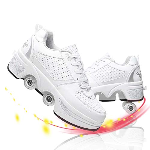 JZIYH Deformation Schuhe 4 Rad Rädern Skate Sportschuhe 2 in 1 Multifunktions Verstellbare Rollschuhe Schuhe Mit Rollen Skateboardschuhe,White Silver,34 Cover
