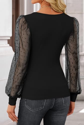 ZESICA Women's Mesh Puff Long Sleeve Shirts 2025 Fall Trendy Sexy V Neck Ribbed Knit Going Out Tops Dressy Casual Work Blouse3