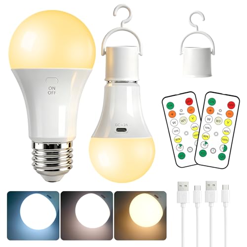 Liuyife 2600mAh Bombilla Recargable con Mando, 7W 3 Color Regulable & Timer, USB E27 Exteriores Luz de Emergencia Acampar Portátil con Gancho, LED Linterna de Camping para Tienda, 2 Piezas