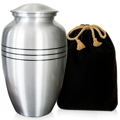 Cremation Urn for Human Ashes - Large Memorial Urn for Adults - Silver Classic Finish - Decorative Funeral for Men and Women - Includes Velvet Storage Bag
