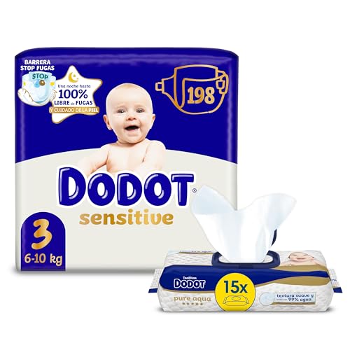 Dodot Bebé Sensitive Talla 3 Pañales + Toallitas Pure Aqua – Pack Cuidado Infantil (198 Pañales + 900 Toallitas) [Nuevo]