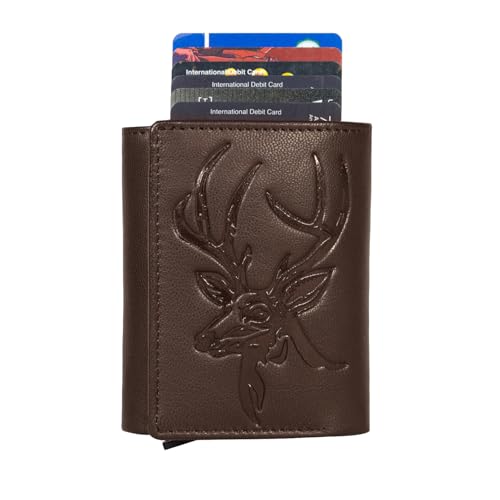 Image of Men's Genuine Leather RFID Wallet | Premium Slim Red Wallet for Men with Deer 3D Print | 8 Card Slots Secure and Durable Design | Casual Stylish | Formal & Gifting Use, Brown and Silver