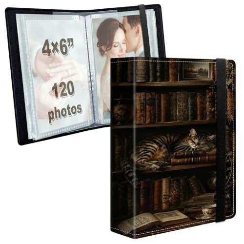 Image of Photo Album 4x6 120 Photos with Strong Elastic Band, Dark Cat Library | Large Capacity Premium Leather Picture Album, Portable Wallet Albums Photo Book for Family Anniversaries Wedding Baby