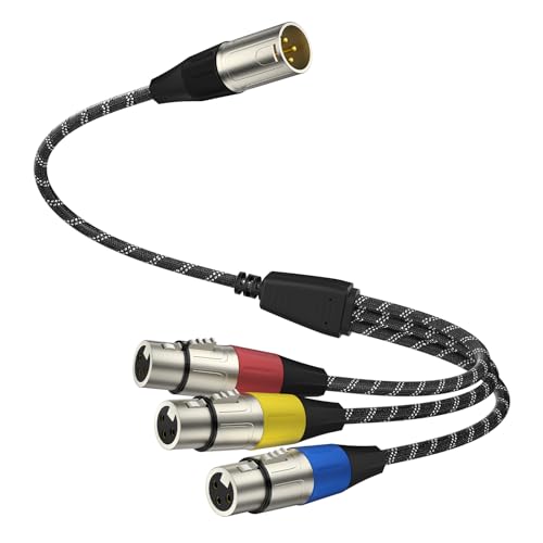 J&D XLR Splitter Cable, Gold Plated 3 Pin XLR 1 Male to 3 Female Adapter, Balanced Microphone Cord for Mixer, AMP, Limiter, Speaker and Recording Equipment, 0.48 Meter