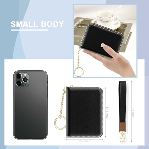 Image of Aiawoxc Credit Card Holder, Small RFID Wallet Slim Leather Card Organizer Case with Zipper and Wristlet Strap, Black