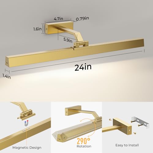 Image of Afyuol Picture Lights for Wall, Brushed Gold Battery Operated Picture Light 24in Art Light CCT Dimmable Recharging Battery Wall Light with Remote Control for Living Room Gallery
