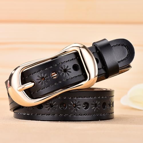 Women's Stitched Skinny Belt Carved Hollow Flower 2.5cm Thin Leather Strap with Gold Buckle for Pants Jeans Dress3