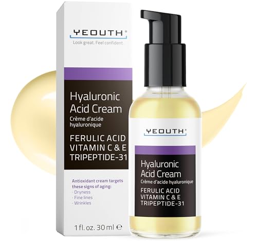 YEOUTH Hyaluronic Acid Moisturizer Face Cream with Vitamin C & E, Ferulic Acid & Tripeptide 31, Hydrating Face Moisturizer, Hyaluronic Acid Cream Suitable for Dry & Dull Skin 1oz