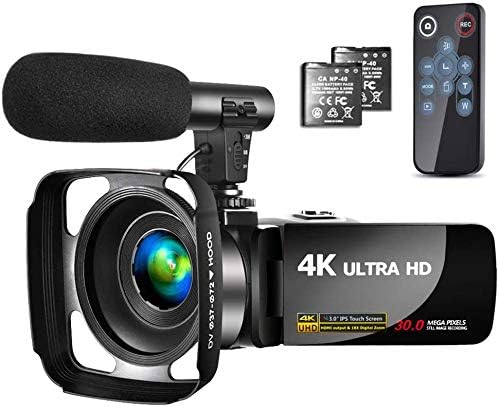 Video Camera 4K Camcorder with Microphone Vlogging Camera YouTube Camera Recorder Ultra HD 30MP 3.0" IPS Touch Screen with Lens Hood & 2 Batteries