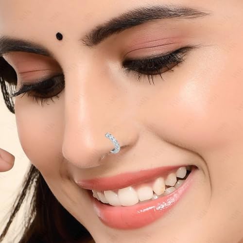 Image of VAMA FASHIONS Silver Gold Rosegold Crystal Stone Piercing Ring Nose Pin Pierced Hole Type Nosepin for Women & Girls